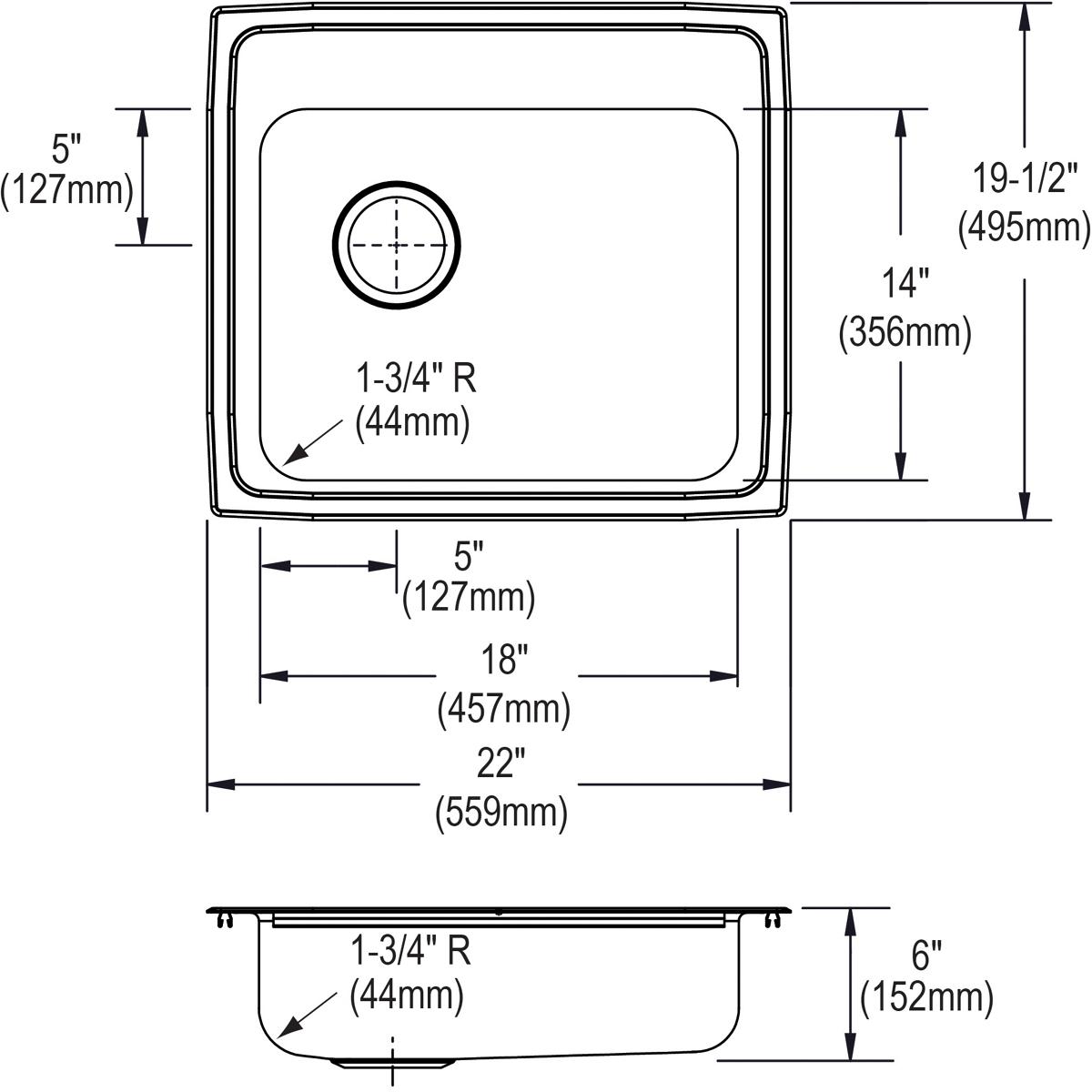 Elkay Lustertone Classic Stainless Steel 22" x 19-1/2" x 6", Single Bowl Drop-in ADA Sink LRAD221960L3