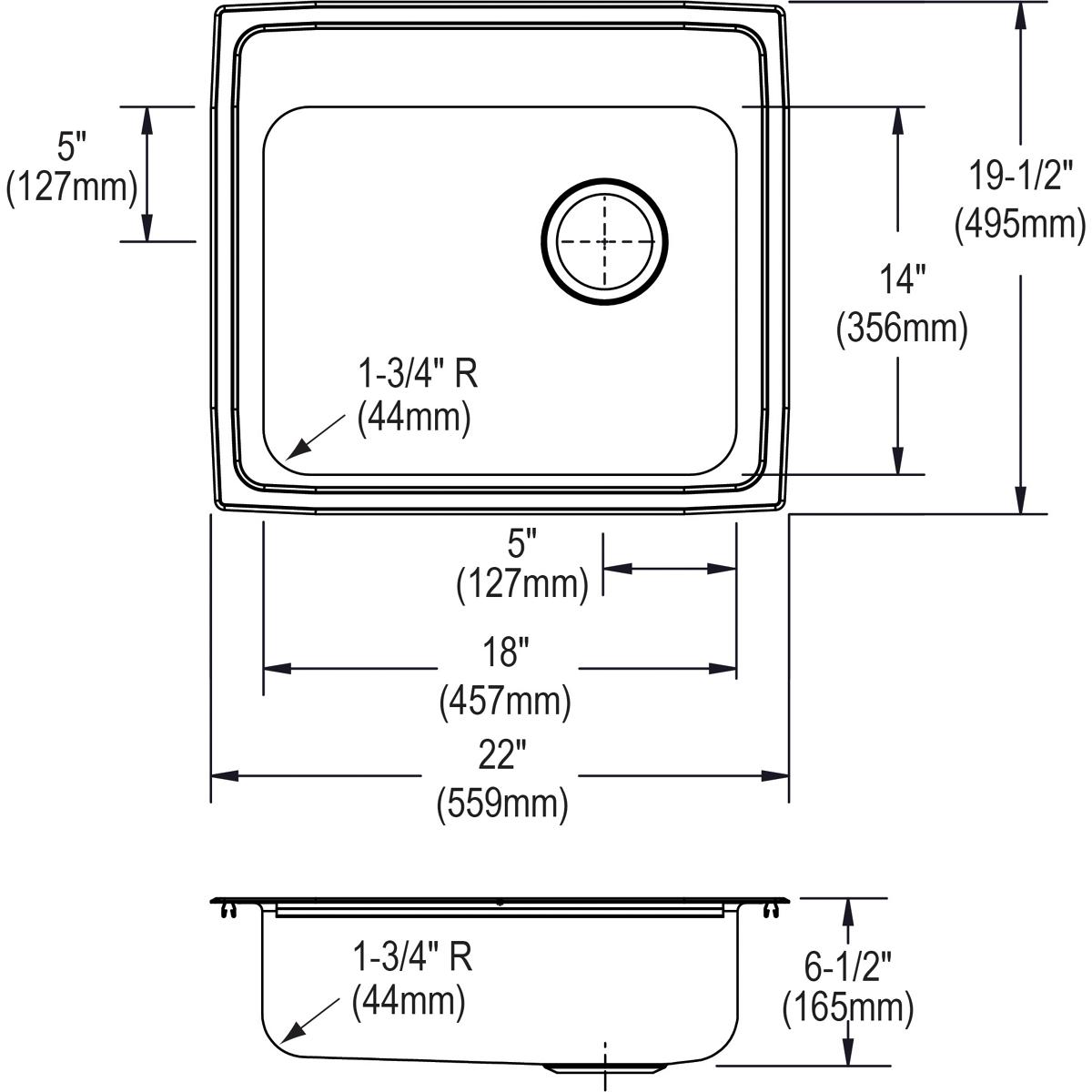 Elkay Lustertone Classic Stainless Steel 22" x 19-1/2" x 6-1/2", Single Bowl Drop-in ADA Sink LRAD221965R3