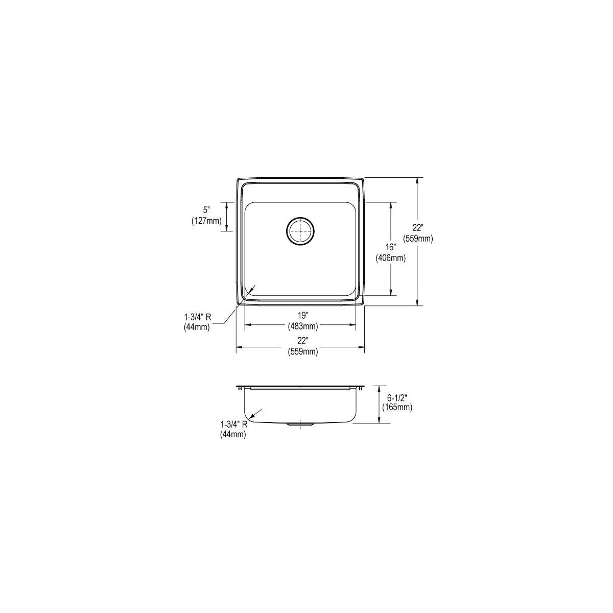 Elkay Lustertone Classic Stainless Steel 22" x 22" x 6-1/2", 3-Hole Single Bowl Drop-in ADA Sink with Quick-clip LRADQ2222653