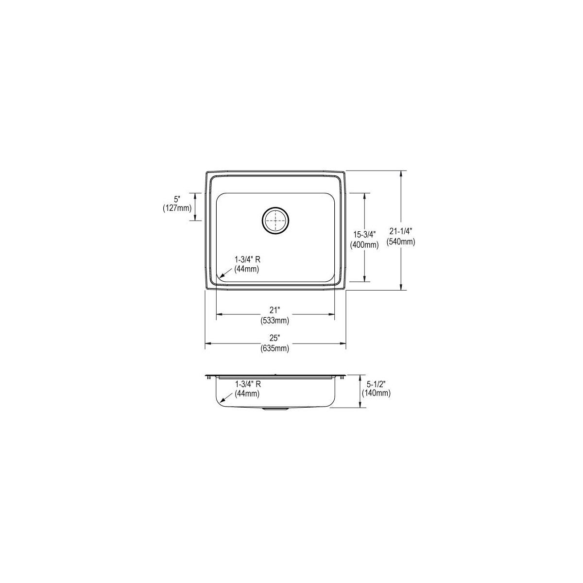 Elkay Lustertone Classic Stainless Steel 25" x 21-1/4" x 5-1/2", Single Bowl Drop-in ADA Sink LRAD2521553