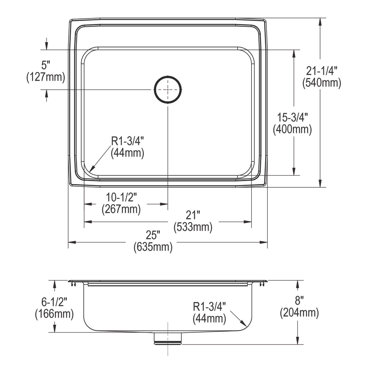 Elkay Lustertone Classic Stainless Steel 25" x 21-1/4" x 6-1/2", Single Bowl Drop-in ADA Sink with Perfect Drain LRAD252165PD1
