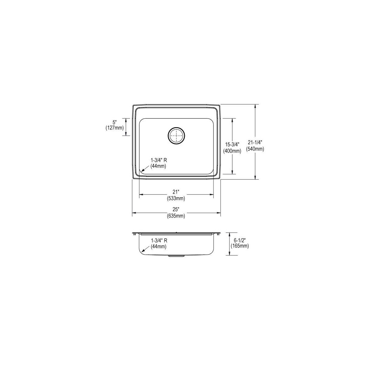 Elkay Lustertone Classic Stainless Steel 25" x 21-1/4" x 6-1/2", Single Bowl Drop-in ADA Sink LRAD2521652
