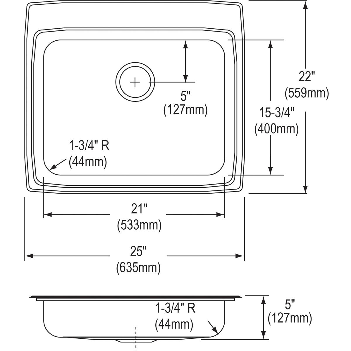 Elkay Lustertone Classic Stainless Steel 25" x 22" x 5", Single Bowl Drop-in ADA Sink LRAD2522503