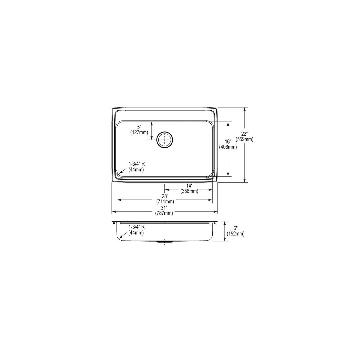 Elkay Lustertone Classic Stainless Steel 31" x 22" x 6", 3-Hole Single Bowl Drop-in ADA Sink with Quick-clip LRADQ3122603