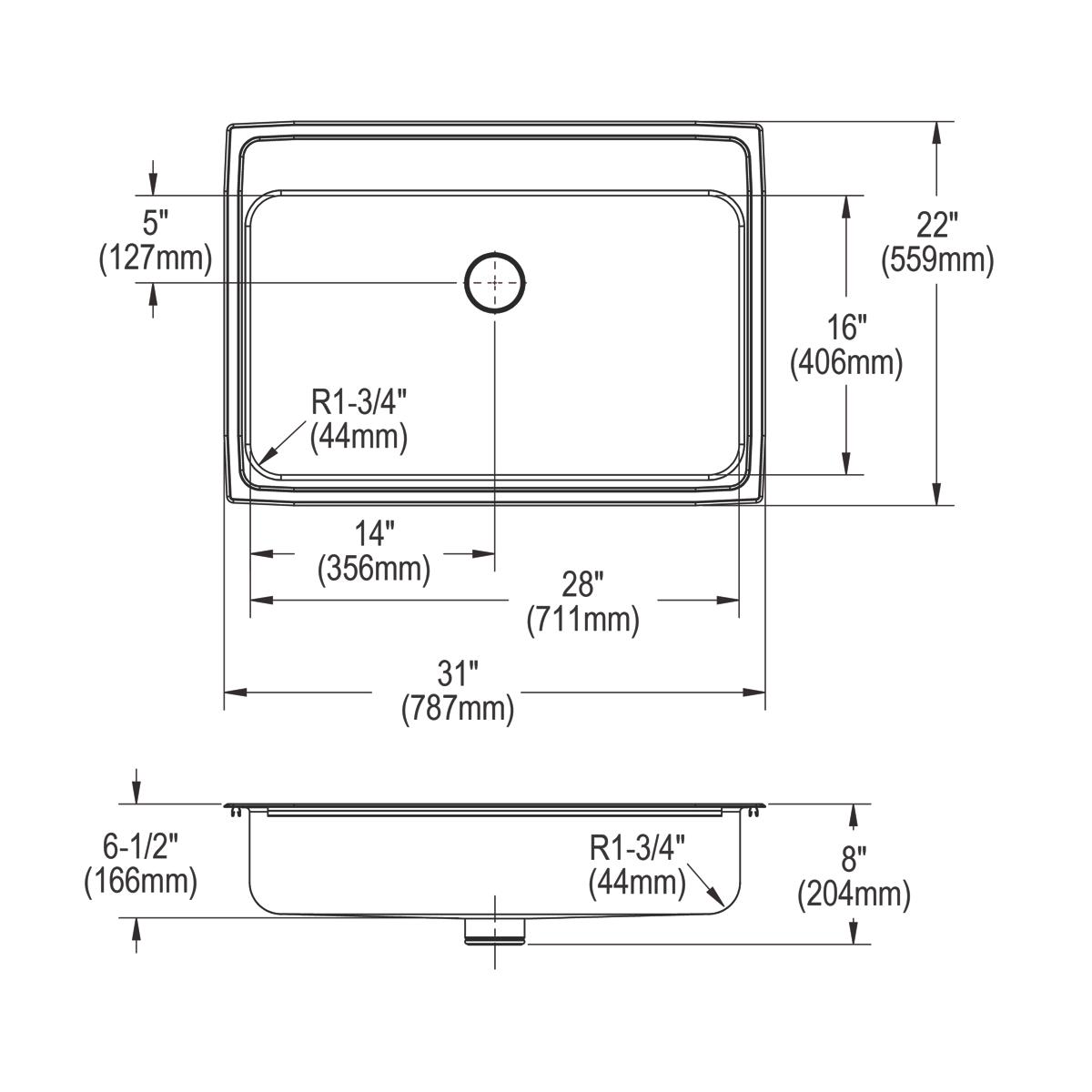 Elkay Lustertone Classic Stainless Steel 31" x 22" x 6-1/2", 3-Hole Single Bowl Drop-in ADA Sink with Perfect Drain and Quick-clip LRADQ312265PD3