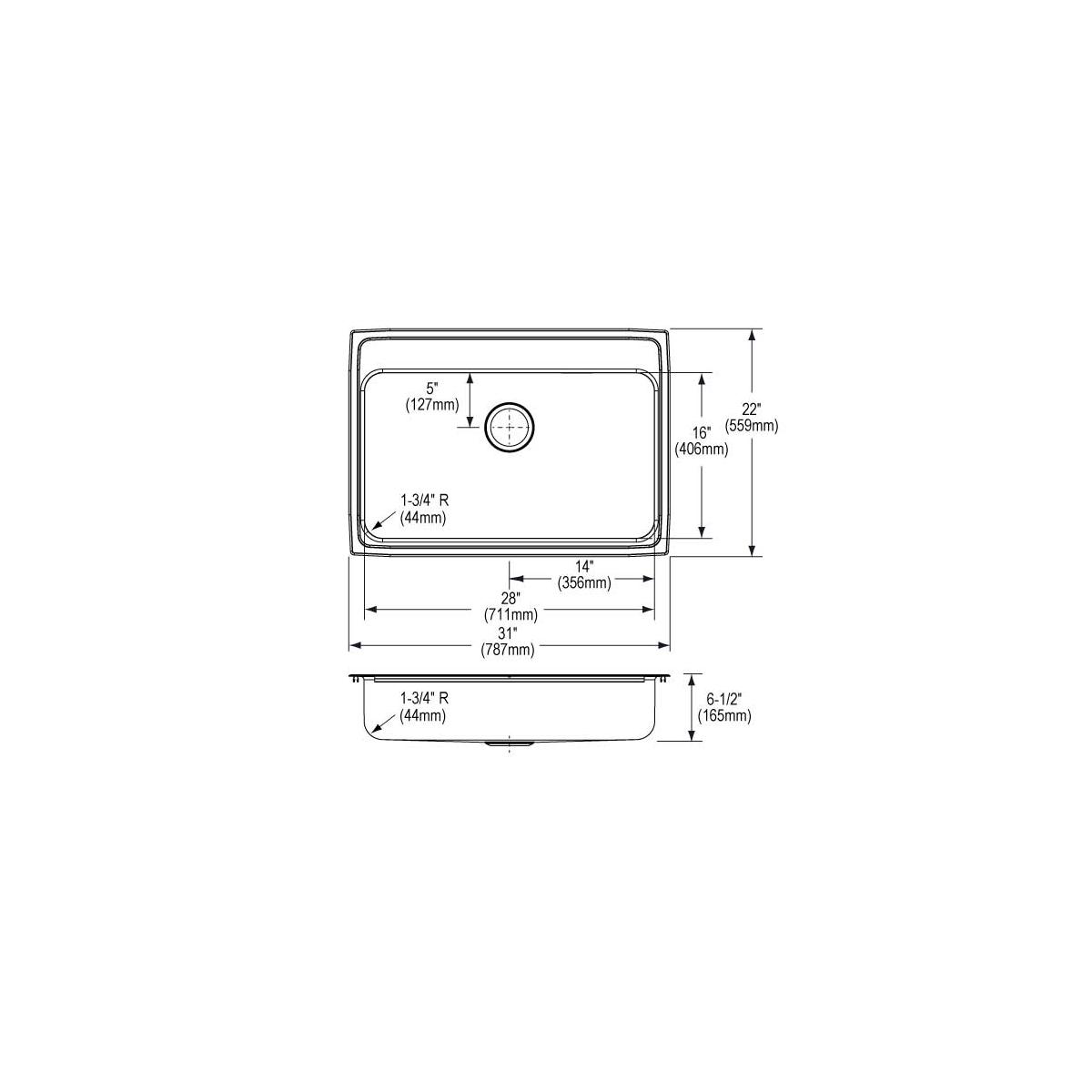 Elkay Lustertone Classic Stainless Steel 31" x 22" x 6-1/2", MR2-Hole Single Bowl Drop-in ADA Sink LRAD312265MR2