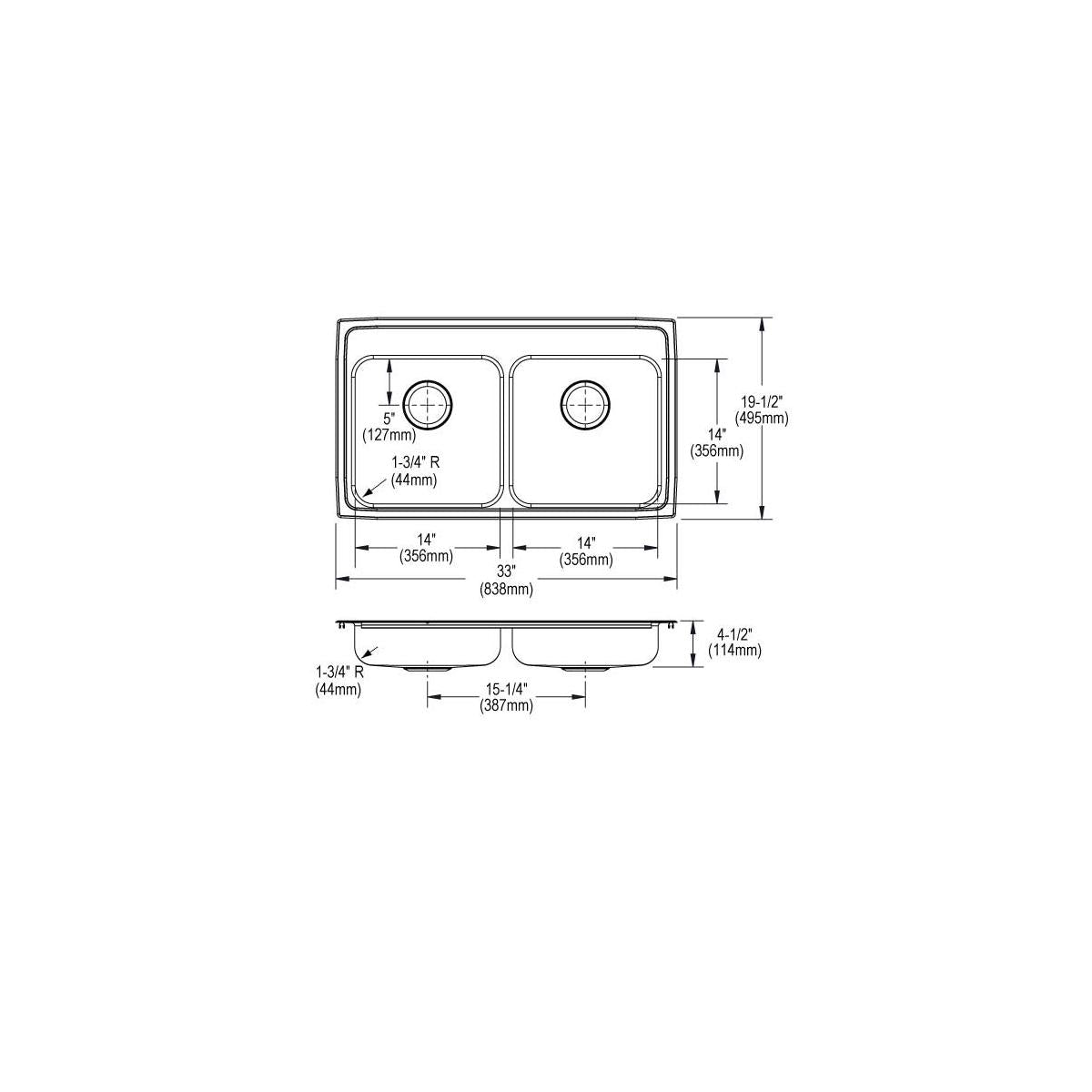 Elkay Lustertone Classic Stainless Steel 33" x 19-1/2" x 4-1/2", 3-Hole Equal Double Bowl Drop-in ADA Sink LRAD3319453