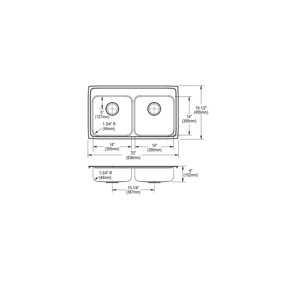 Elkay Lustertone Classic Stainless Steel 33" x 19-1/2" x 6", 3-Hole Equal Double Bowl Drop-in ADA Sink LRAD3319603