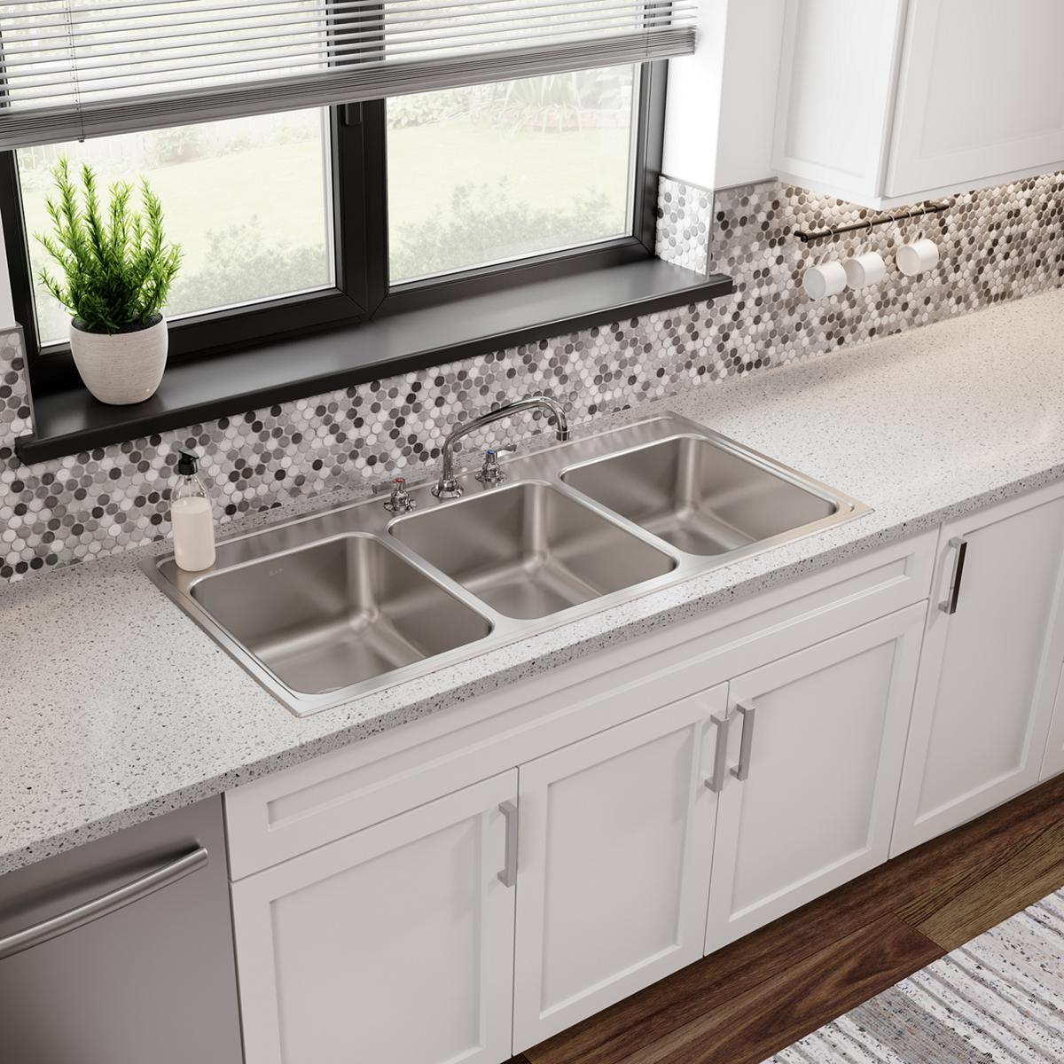 Elkay Lustertone Classic Stainless Steel 46" x 22" x 7-5/8", 3-Hole Triple Bowl Drop-in Sink LTR46223