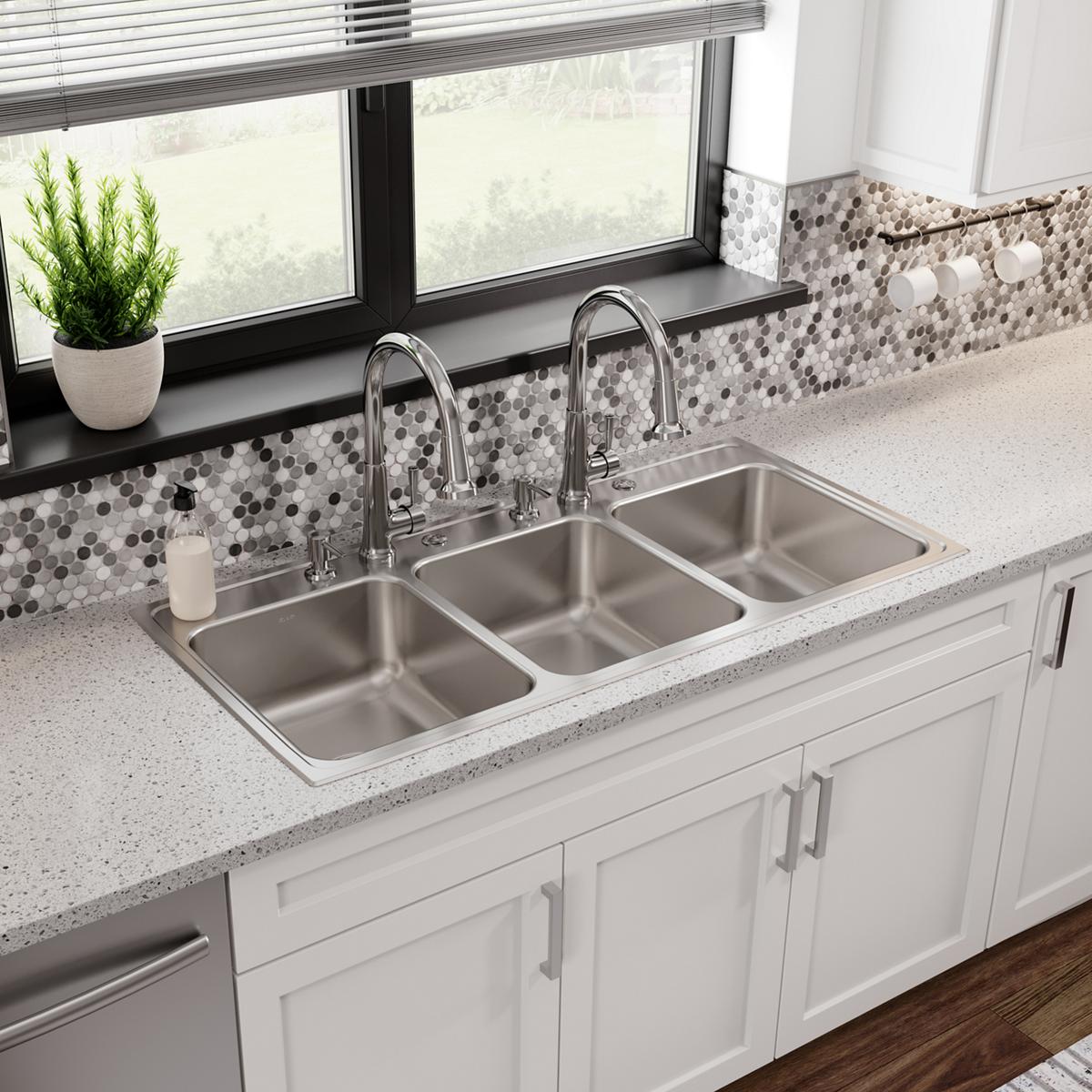 Elkay Lustertone Classic Stainless Steel 46" x 22" x 7-5/8", 6-Hole Triple Bowl Drop-in Sink LTR46226