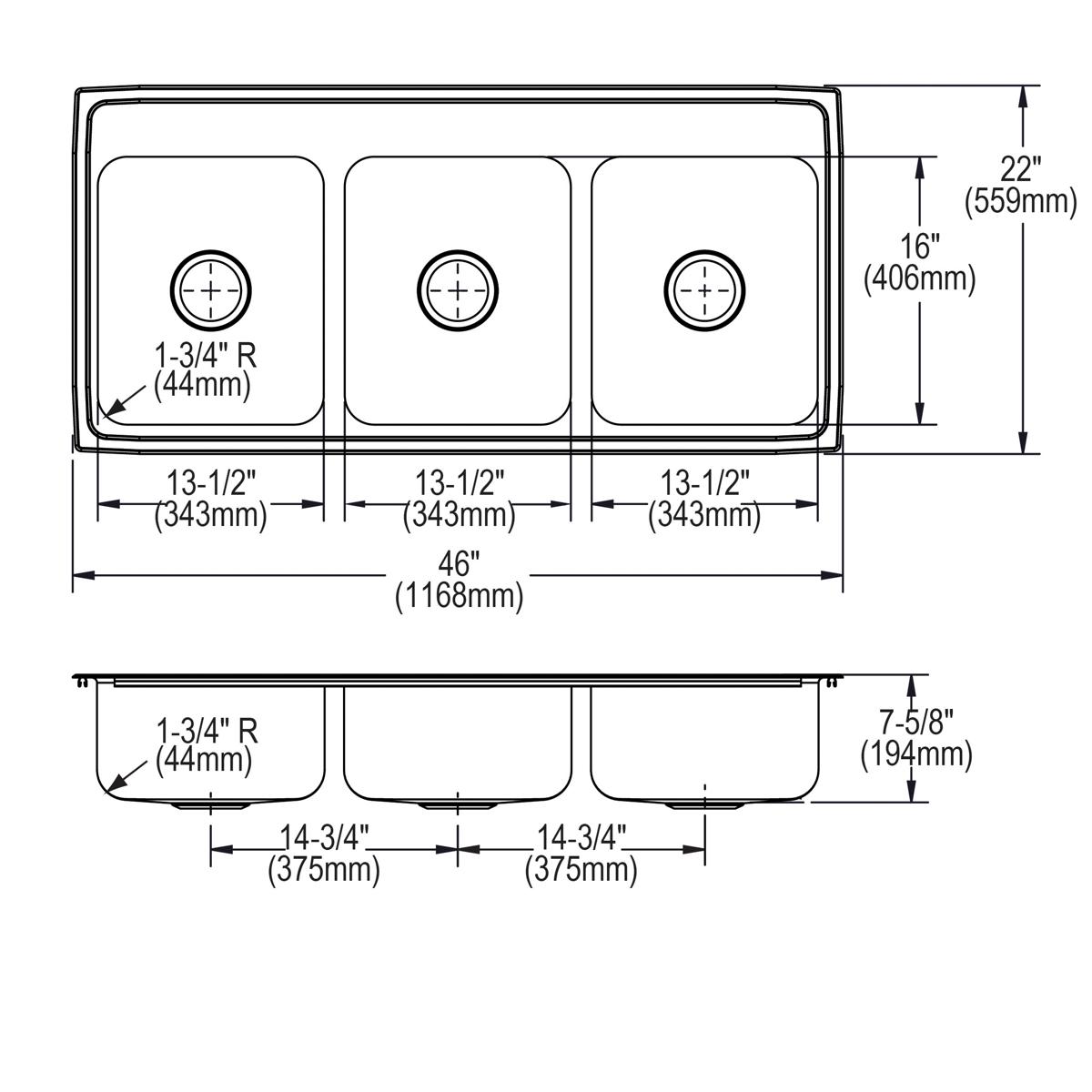 Elkay Lustertone Classic Stainless Steel 46" x 22" x 7-5/8", 2-Hole Triple Bowl Drop-in Sink LTR46222