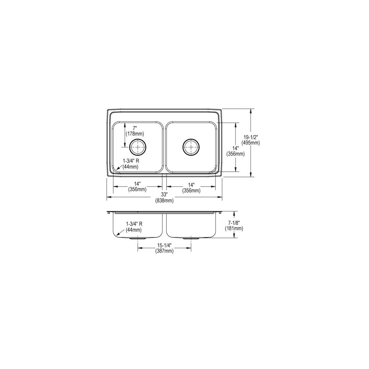 Elkay Celebrity Stainless Steel 33" x 19-1/2" x 7-1/8", 1-Hole Equal Double Bowl Drop-in Sink PSR33191