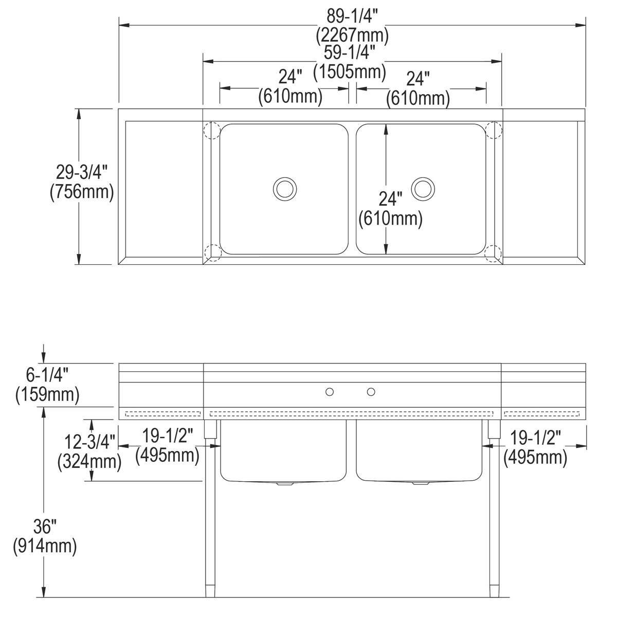 Elkay Rigidbilt Stainless Steel 89-1/4" x 29-3/4" x 12-3/4" Floor Mount, Double Compartment Scullery Sink Drainboard RNSF8248LR2