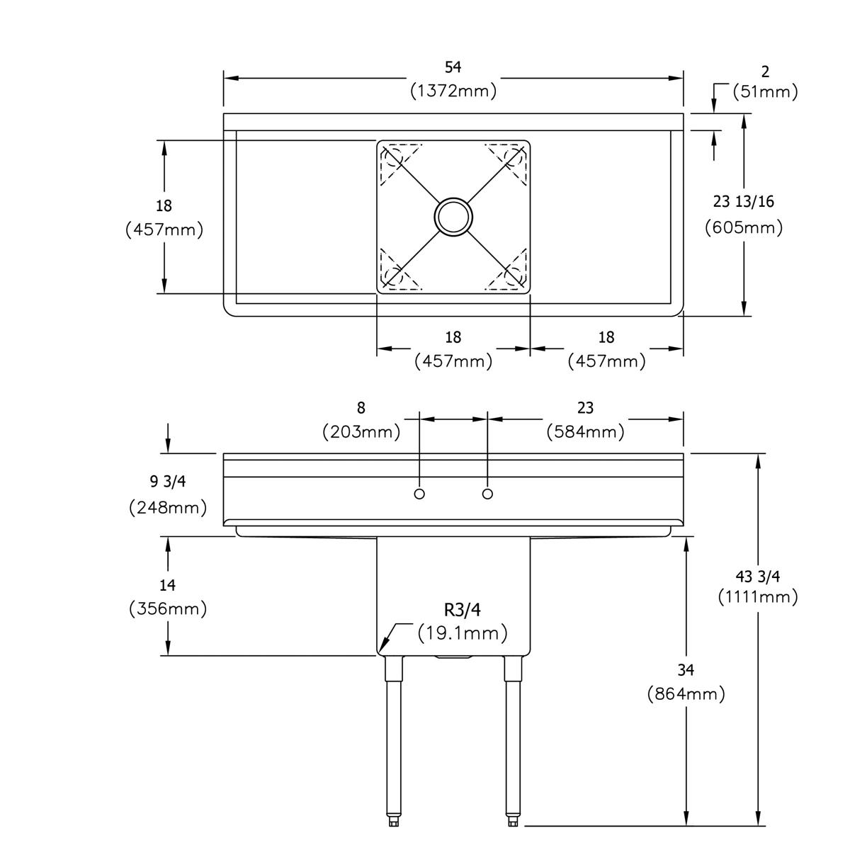 Elkay Dependabilt Stainless Steel 54" x 23-13/16" x 43-3/4" 18 Gauge One Compartment Sink w/ 18" Left and Right Drainboards and Stainless Steel Legs S1C18X18-2-18X