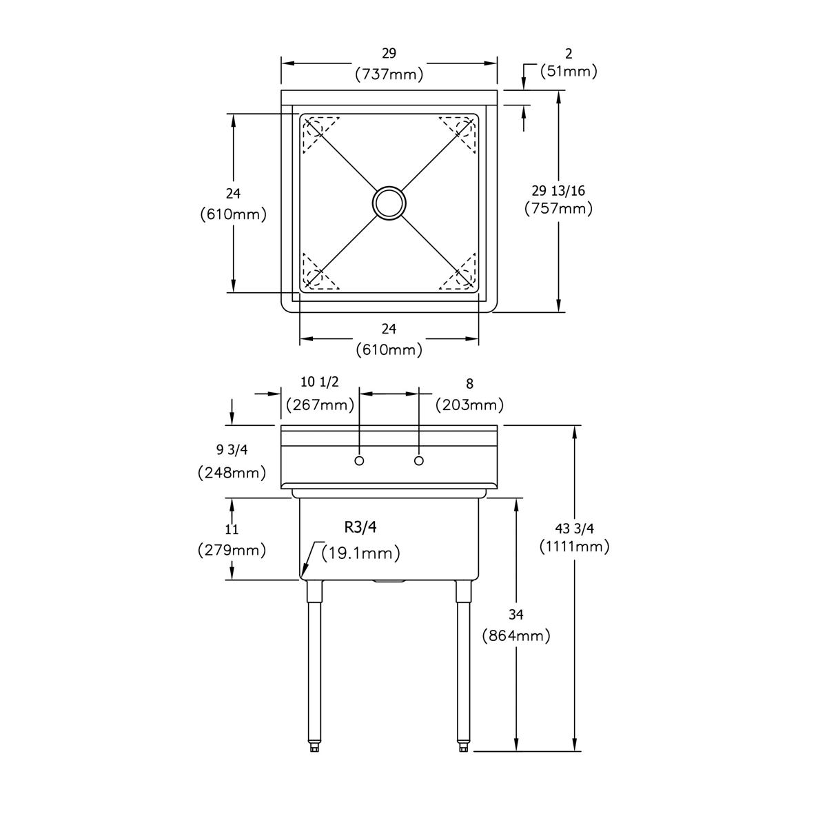 Elkay Dependabilt Stainless Steel 29" x 29-13/16" x 43-3/4" 18 Gauge One Compartment Sink with Stainless Steel Legs SE1C24X24-0X