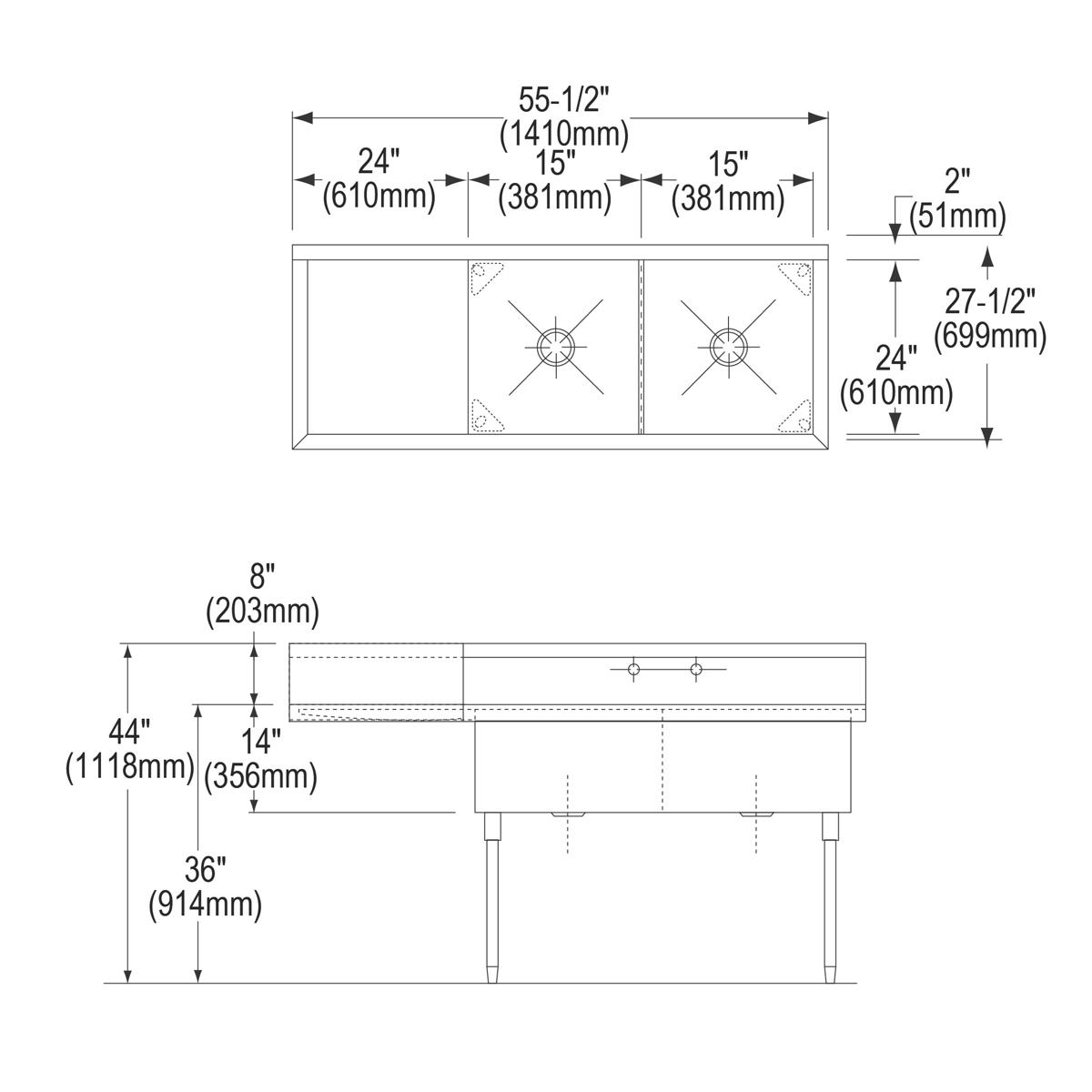 Elkay Sturdibilt Stainless Steel 55-1/2" x 27-1/2" x 14" Floor Mount, Double Compartment Scullery Sink w/ Drainboard SS8230L2