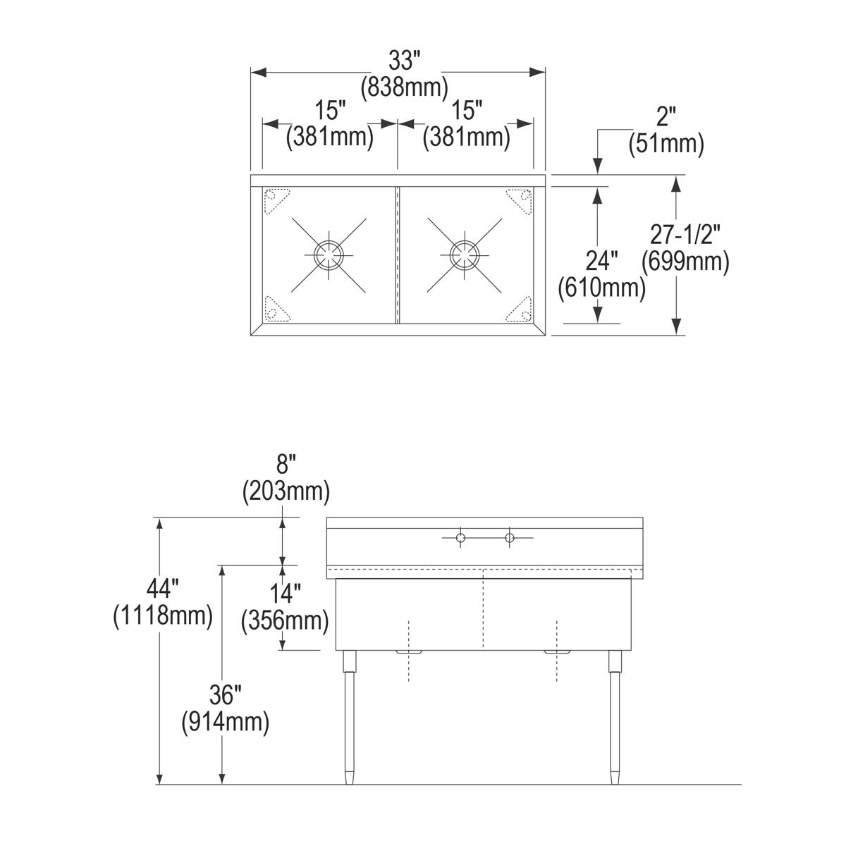 Elkay Sturdibilt Stainless Steel 33" x 27-1/2" x 14" Floor Mount, Double Compartment Scullery Sink SS82302