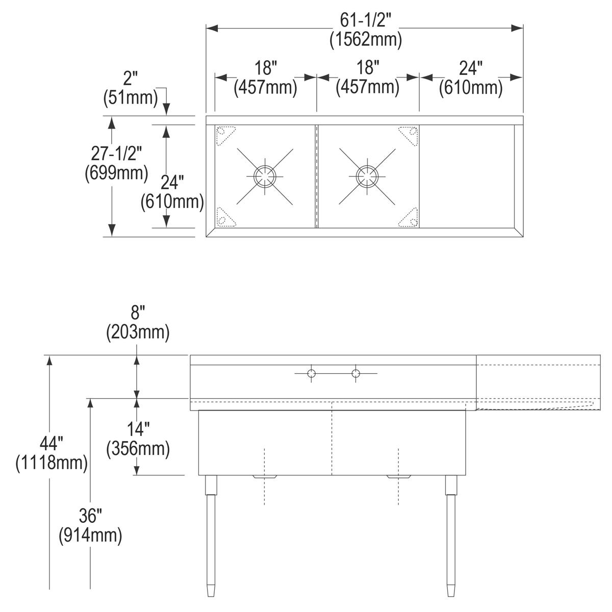 Elkay Sturdibilt Stainless Steel 61-1/2" x 27-1/2" x 14" Floor Mount, Double Compartment Scullery Sink w/ Drainboard SS8236R2