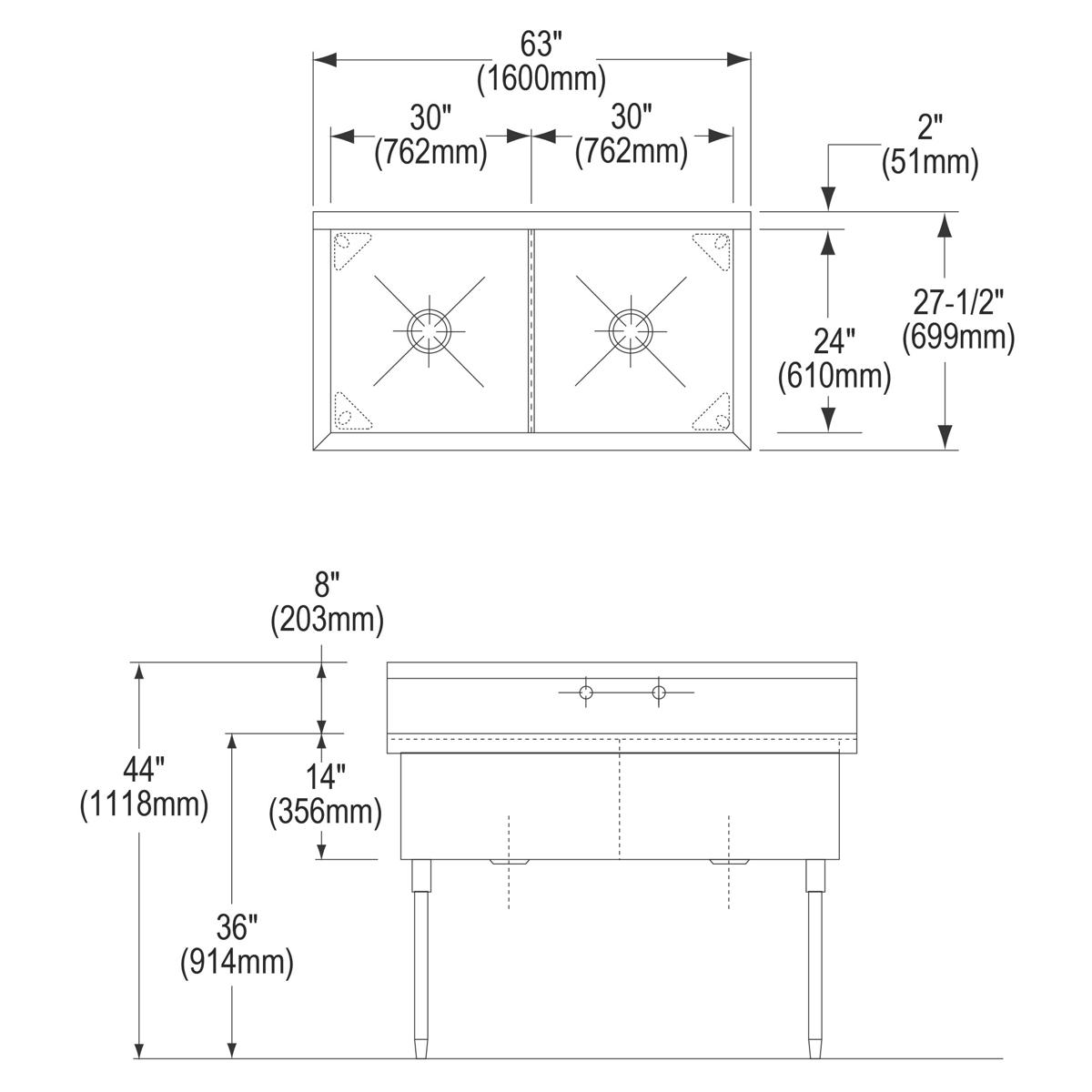Elkay Sturdibilt Stainless Steel 63" x 27-1/2" x 14" Floor Mount, Double Compartment Scullery Sink SS82602