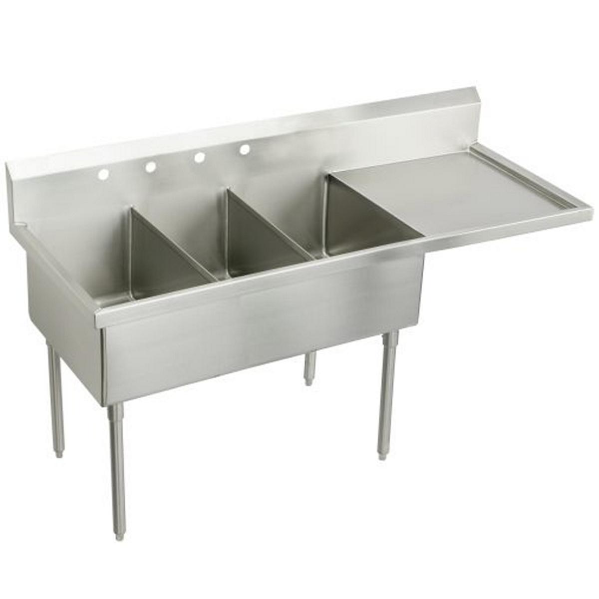 Elkay Sturdibilt Stainless Steel 70-1/2" x 27-1/2" x 14" Floor Mount, Triple Compartment Scullery Sink w/ Drainboard SS8345R4