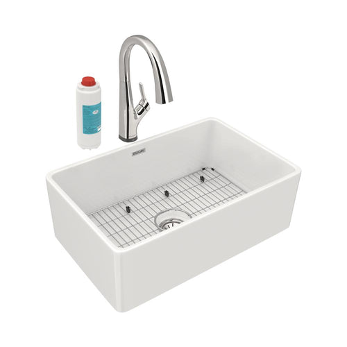Elkay Fireclay 30" x 19-15/16" x 9-1/8" Single Bowl Farmhouse Sink Kit with Filtered Faucet White SWUF28179WHFLC