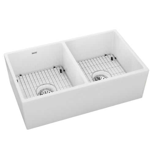 Elkay Fireclay 33" x 19-15/16" x 9" Equal Double Bowl Farmhouse Sink Kit White SWUF32189WHC