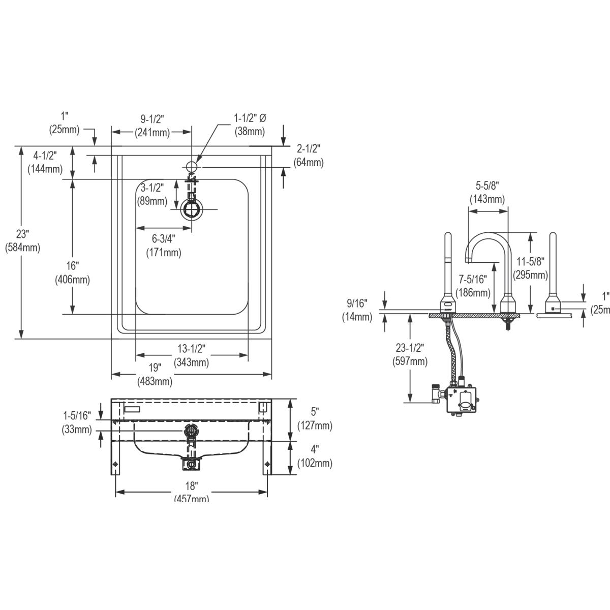 Elkay Sturdibilt Stainless Steel 19" x 23" x 4", Wall Hung Single Bowl Lavatory Sink Kit WCLWO1923OSDSACC