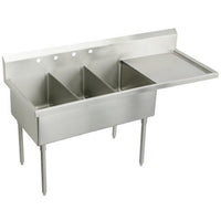 Elkay Weldbilt Stainless Steel 70-1/2" x 27-1/2" x 14" Floor Mount, Triple Compartment Scullery Sink with Drainboard WNSF8345R4