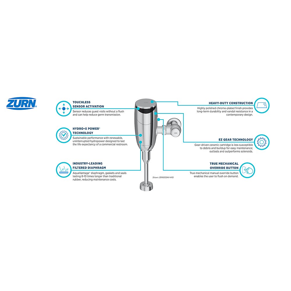 Zurn ZER6003AV-EWS-HYD-BN Top Mount Exposed Sensor Flush Valve for Urinal With Gear-driven Ceramic Cartridge, Hydropower, AV Diaphragm