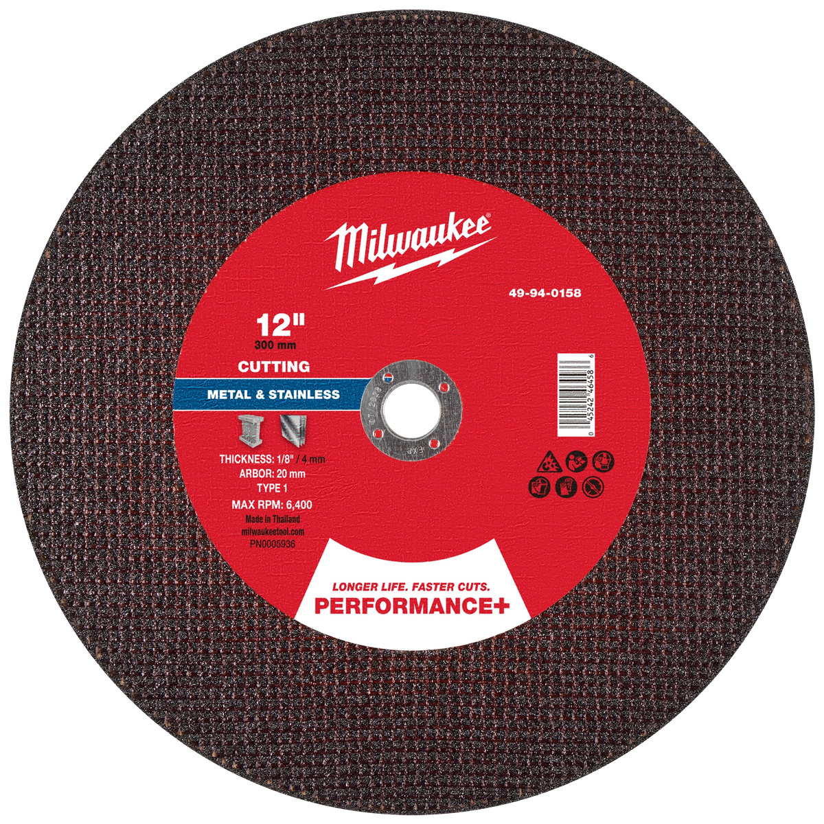Milwaukee 49-94-0158 12" x 1/8" x 20mm Performance+ Metal Cut Off Wheel - Type 1 (Pack of 10)