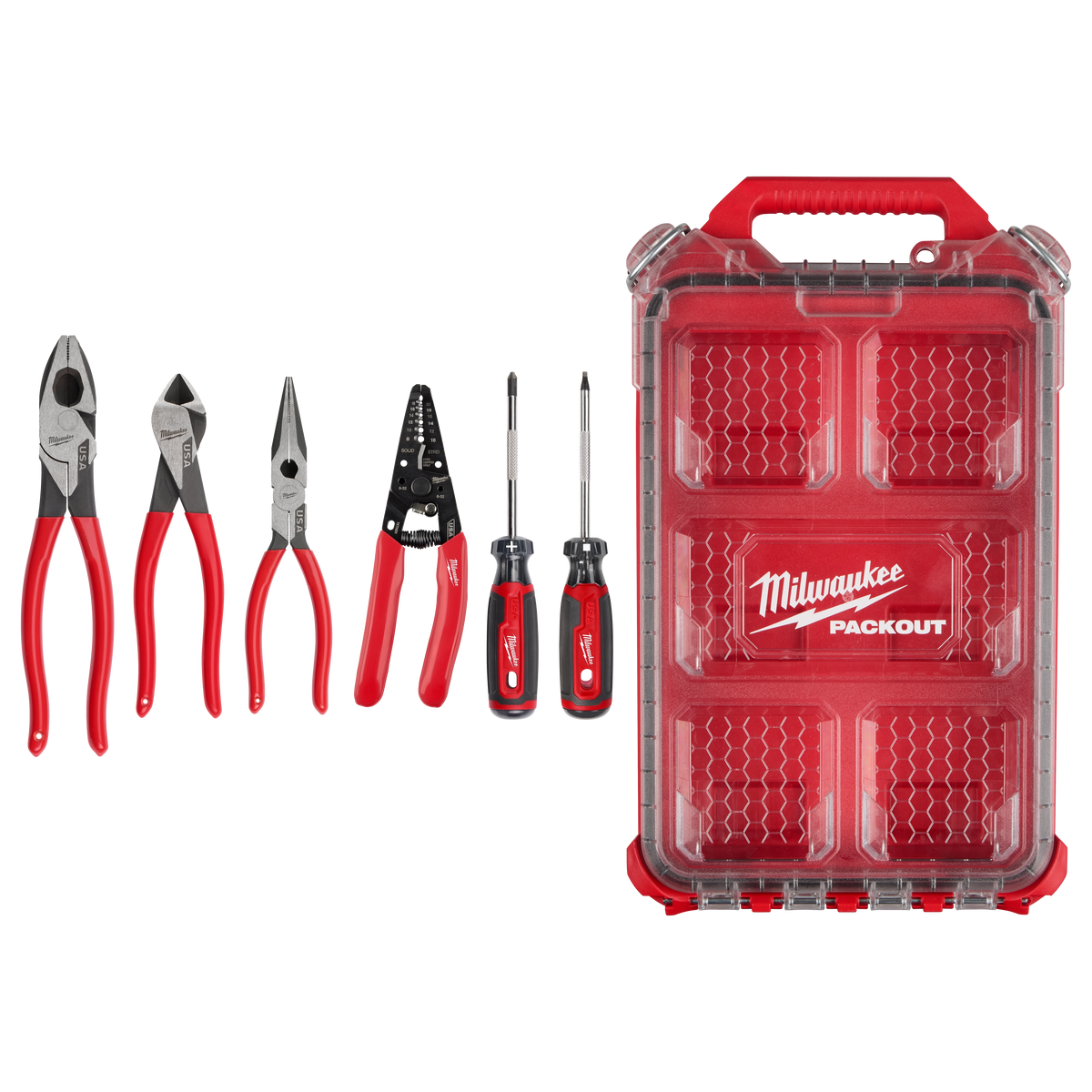 Milwaukee MT500-6P 6 PC. Dipped Grip Pliers, Wire Stripper, & Cushion Grip Screwdrivers Set(USA) w/ PACKOUT Low-Profile Compact Organizer