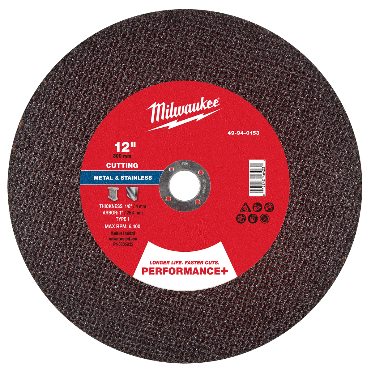 Milwaukee 49-94-0153 12" x 1/8" x 1" Performance+ Metal Cut Off Wheel - Type 1 (Pack of 10)