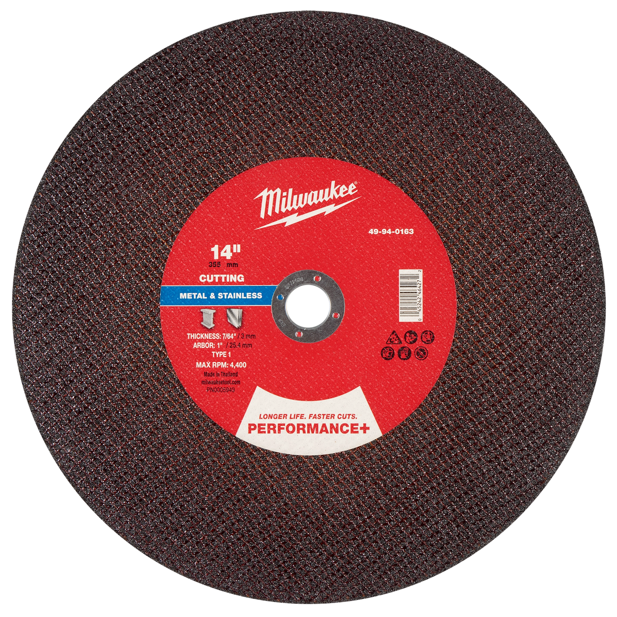 Milwaukee 49-94-0163 14" x 7/64" x 1" Performance+ Metal Cut Off Wheel - Type 1 (Pack of 10)