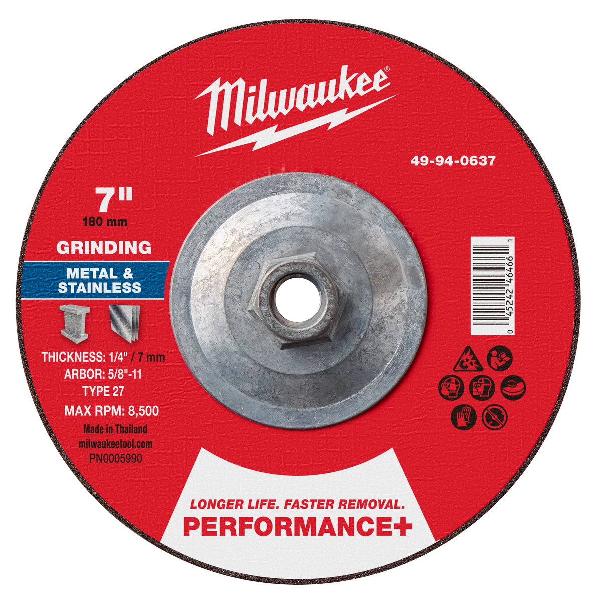 Milwaukee 49-94-0637 7" x 1/4" x 5/8"-11 Performance+ Metal Grinding Wheel - Type 27 (Pack of 5)