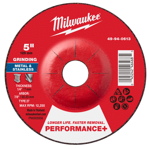 Milwaukee 49-94-0613 5" x 1/4" x 7/8" Performance+ Metal Grinding Wheel - Type 27 (Pack of 10)