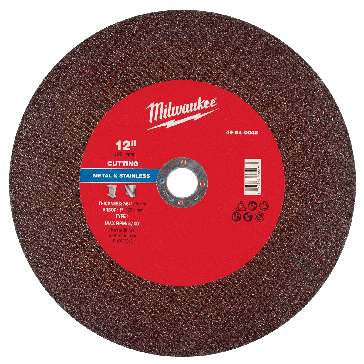 Milwaukee 49-94-0048 12" x 7/64" x 1" Metal Cut Off Wheel -Type 1 (Pack of 10)