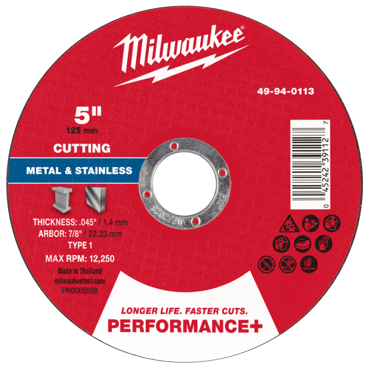 Milwaukee 49-94-0113 5" x .045" x 7/8" Performance+ Metal Cut Off Wheel - Type 1 (Pack of 25)