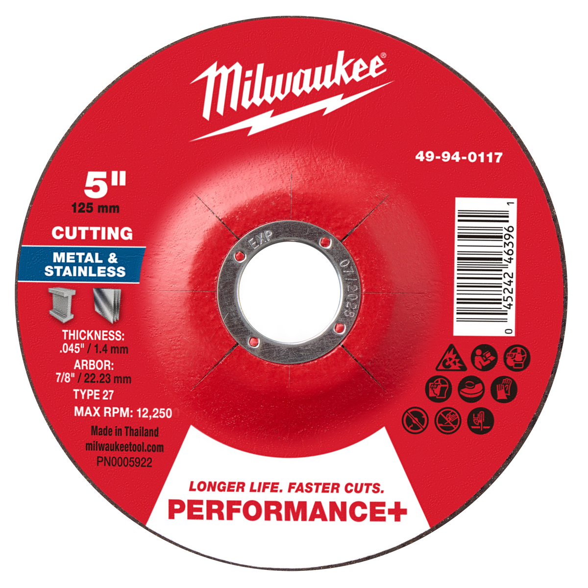 Milwaukee 49-94-0117 5" x .045" x 7/8" Performance+ Metal Cut Off Wheel - Type 27 (Pack of 25)