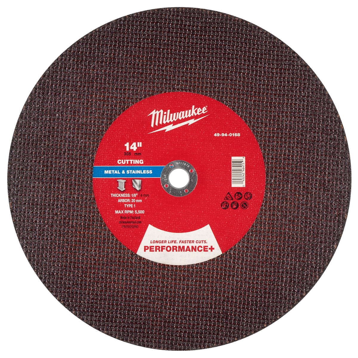 Milwaukee 49-94-0168 14" x 1/8" x 20mm Performance+ Metal Cut Off Wheel - Type 1 (Pack of 10)