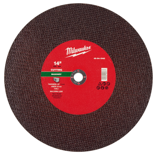 Milwaukee 49-94-1940 14" x 1/8" x 1" Masonry Cut Off Wheel -Type 1 (Pack of 10)