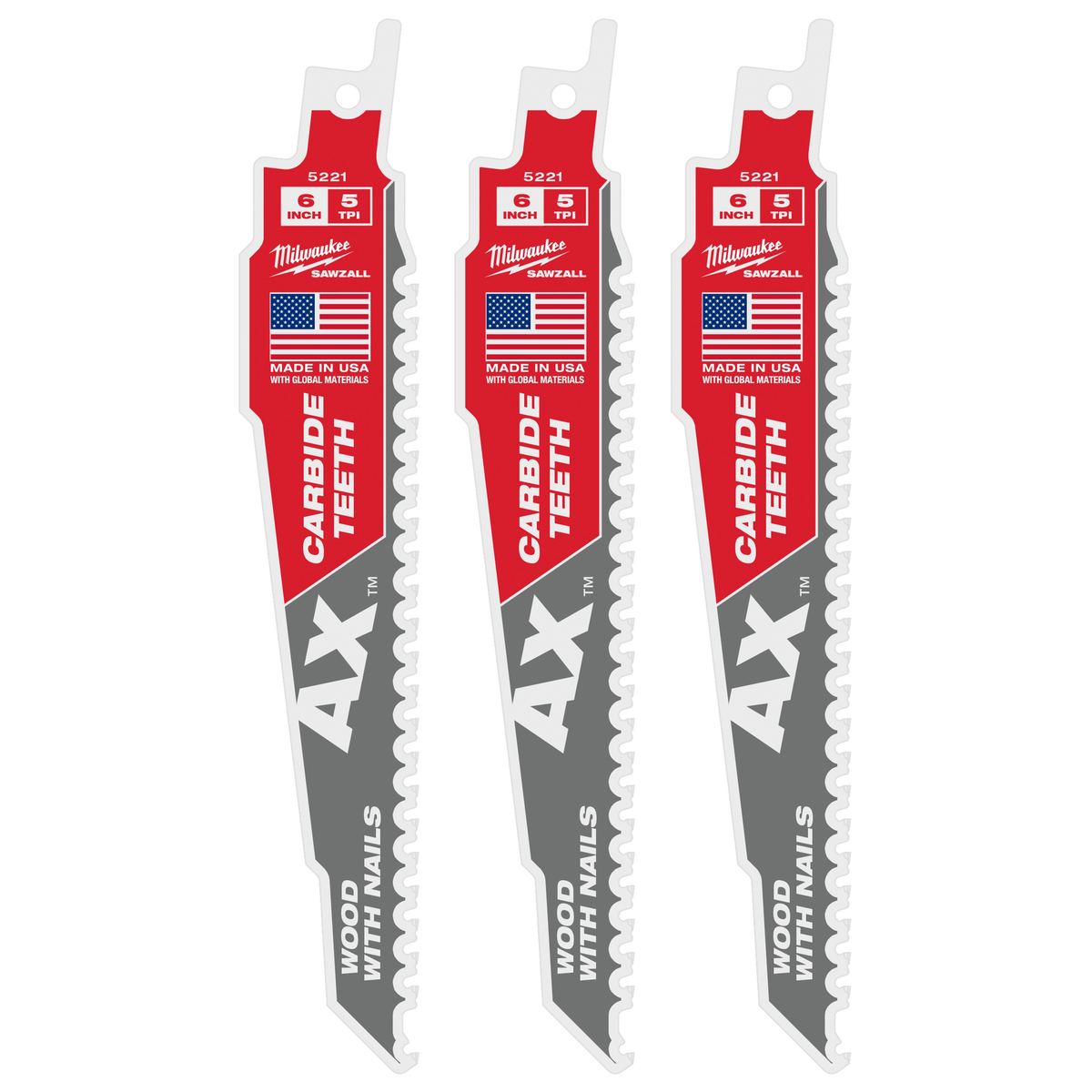 Milwaukee 48-00-5221 6" 5 TPI AX with Carbide Teeth SAWZALL Blade for Wood with Nails (Pack of 5)