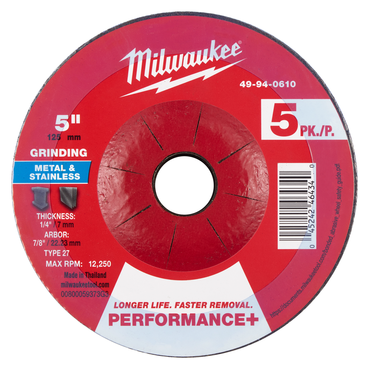 Milwaukee 49-94-0610 5" x 1/4" x 7/8" Performance+ Metal Grinding Wheel - Type 27 (Pack of 10)
