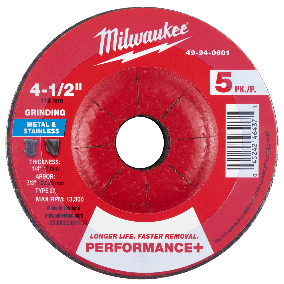Milwaukee 49-94-0601 4-1/2" x 1/4" x 7/8" Performance+ Metal Grinding Wheel - Type 27 (Pack of 10)