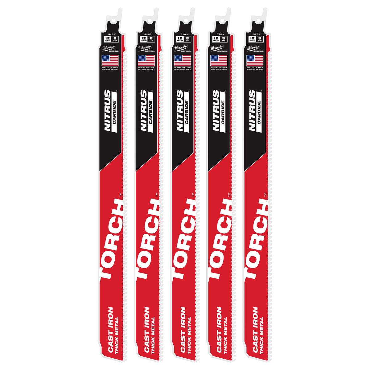 Milwaukee 48-00-5563 12" 8 TPI TORCH with NITRUS Carbide SAWZALL Blade for Cast Iron (5 PK)