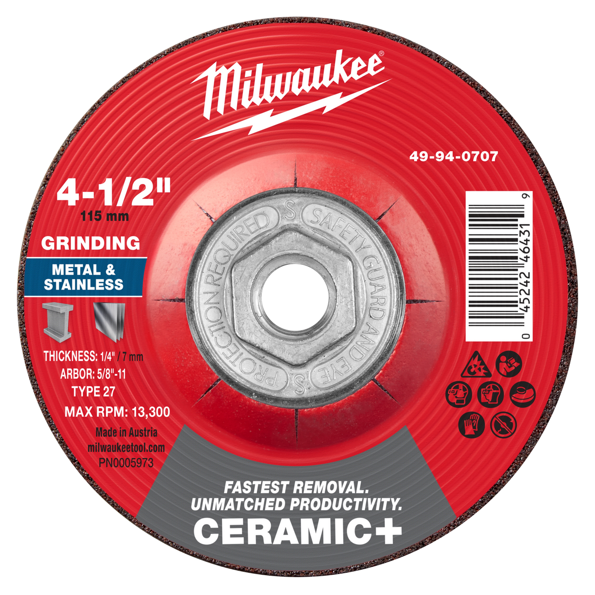 Milwaukee 49-94-0707 4-1/2" x 1/4" x 5/8"-11 Ceramic+ Metal Grinding Wheel - Type 27 (Pack of 5)