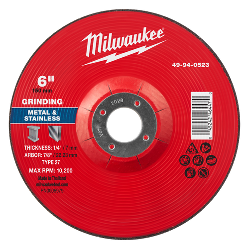 Milwaukee 49-94-0523 6" x 1/4" x 7/8" Metal Grinding Wheel - Type 27 (Pack of 10)