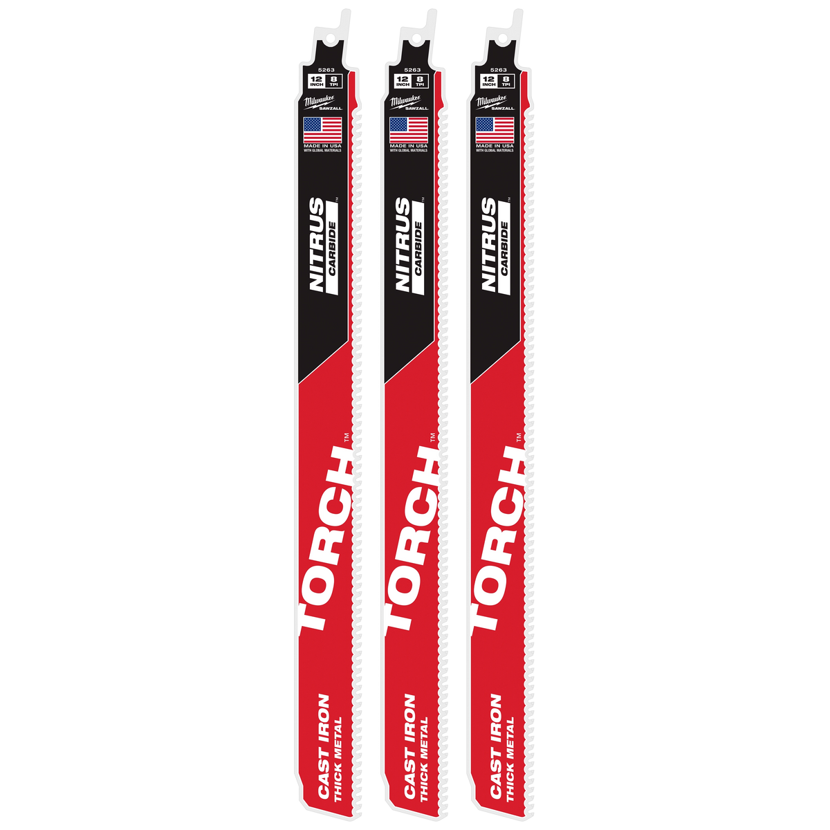 Milwaukee 48-00-5363 12" 8 TPI TORCH with NITRUS Carbide for Cast Iron SAWZALL Blade (3 PK)