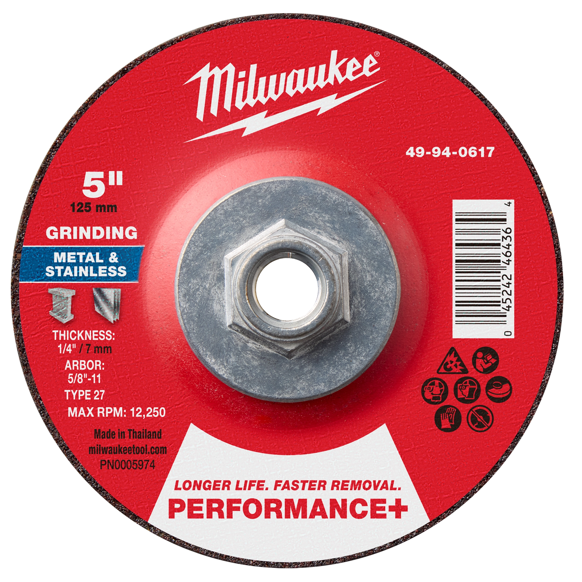Milwaukee 49-94-0617 5" x 1/4" x 5/8"-11 Performance+ Metal Grinding Wheel - Type 27 (Pack of 5)