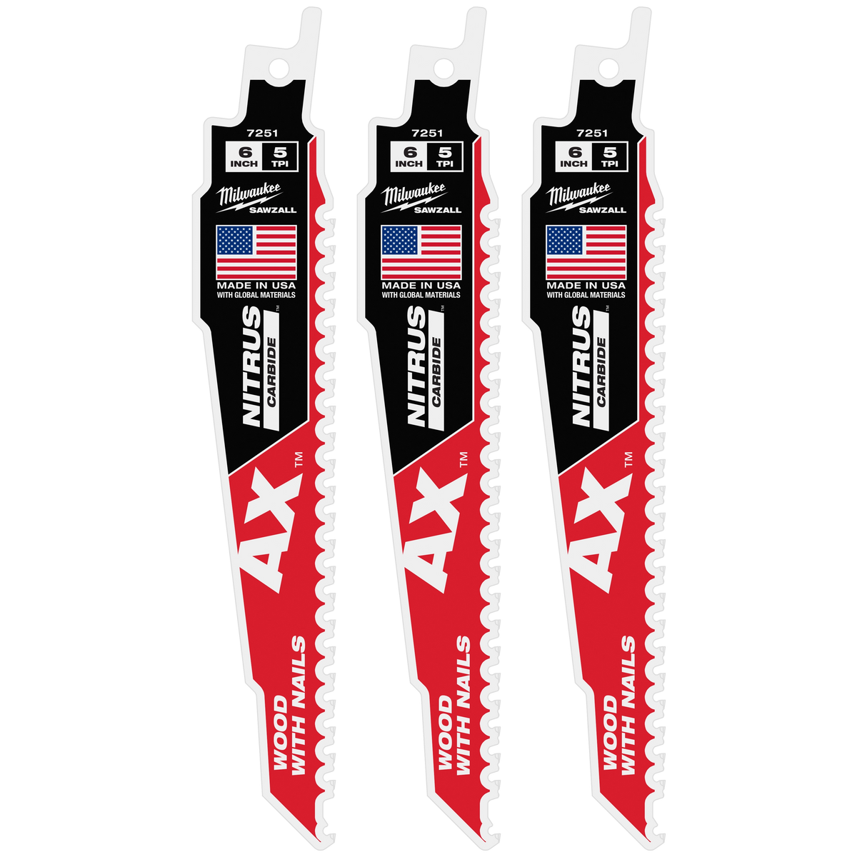 Milwaukee 48-00-7351 6" 5 TPI AX w/NITRUS Carbide Teeth SAWZALL Blade for Wood with Nails 3PK