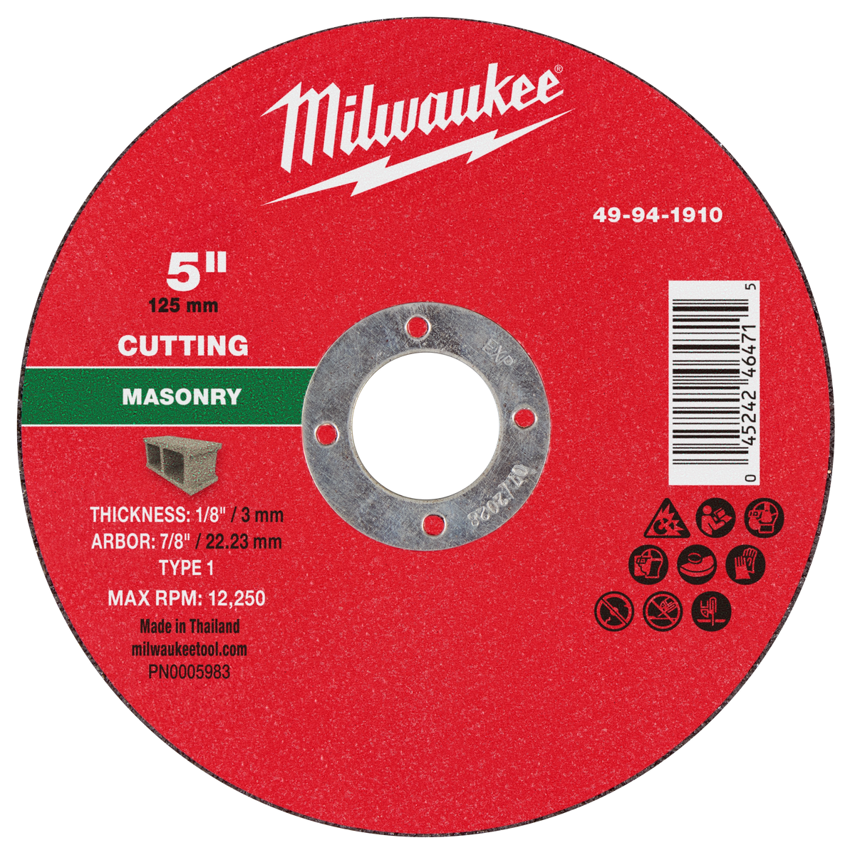 Milwaukee 49-94-1910 5" x 1/8" x 7/8" Masonry Cut Off Wheel -Type 1 (Pack of 25)